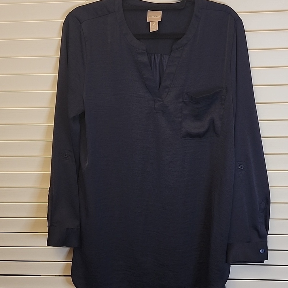 Chico's Women Navy V Neck Flowy Blouse Career Workwear Size 2 /Large